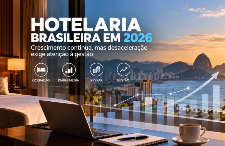 Hotelaria brasileira em 2026 com indicadores de ocupação, diária média, RevPAR e gestão hoteleira.